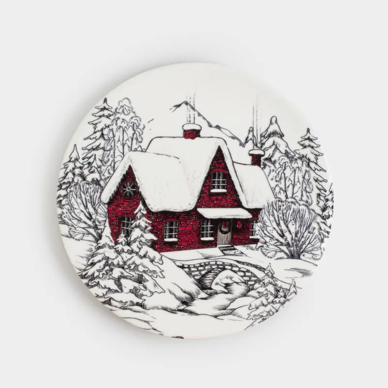 Подставка под кружку, 11 см, круглая, керамика/пробка, белая, Домик в лесу, Forest house
