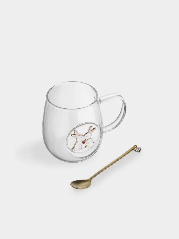 Кружка, 470 мл, с ложкой, стекло Б/металл, Белые кролики, Lux elements, image-3