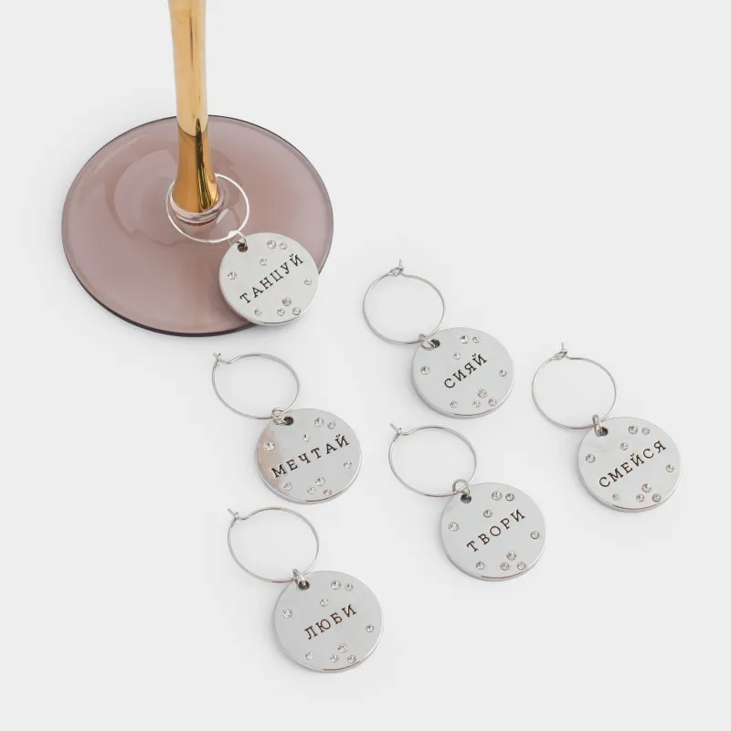 Бокалға арналған аспа, 6 дана, металл/страздары бар, күміс, медальондағы тілектер, Fantastic, image-5