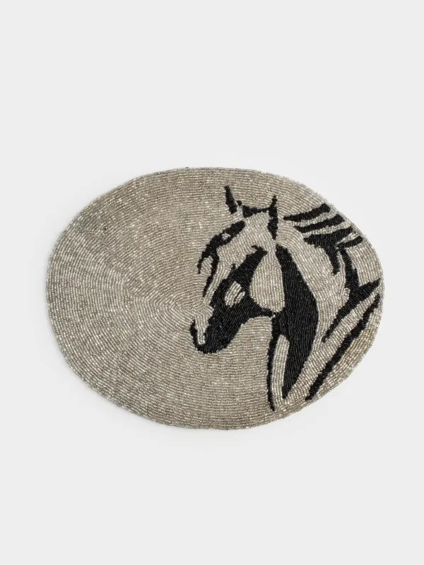 Салфетка под приборы, 30х40 см, бисер, овальная, серебристая, Лошадь, Art beads, image-0