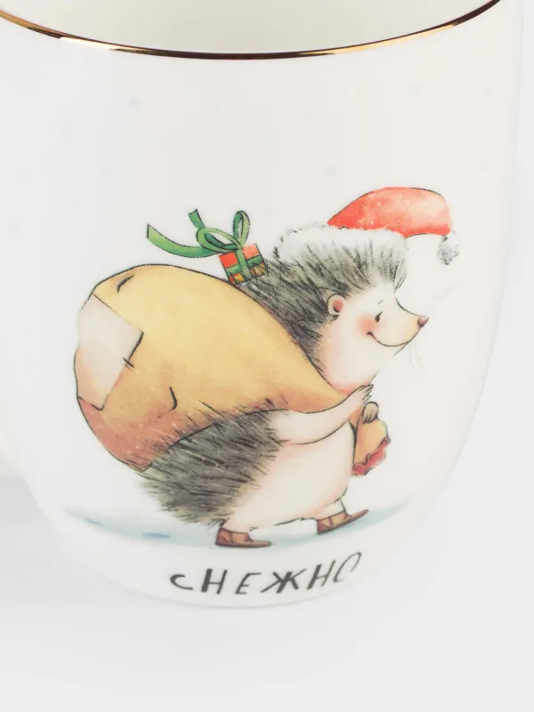 Кружка, 400 мл, фарфор F, белая, с золотистым кантом, Ежи с подарками, Forest animals, image-2