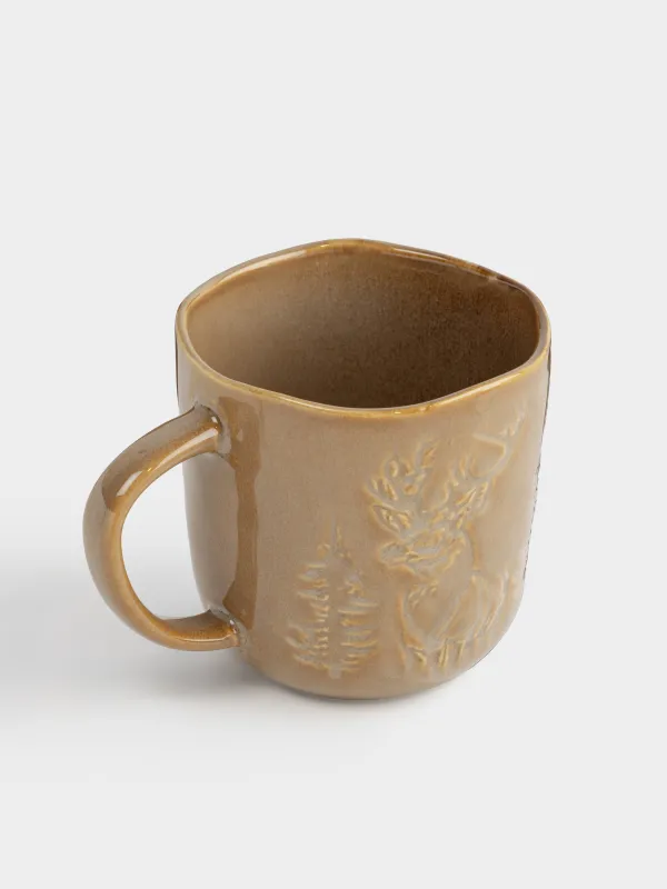 Кружка, 380 мл, керамика, коричнево-бежевая, Олень в лесу, Snowy forest, image-1