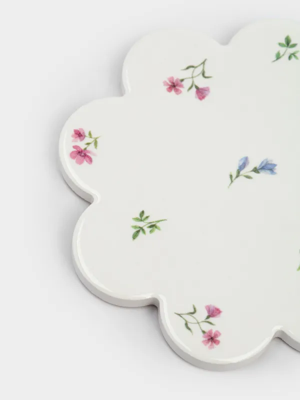 Подставка под кружку, 11 см, фигурная, керамика/пробка, белая, Нежные цветы, El floria, image-2