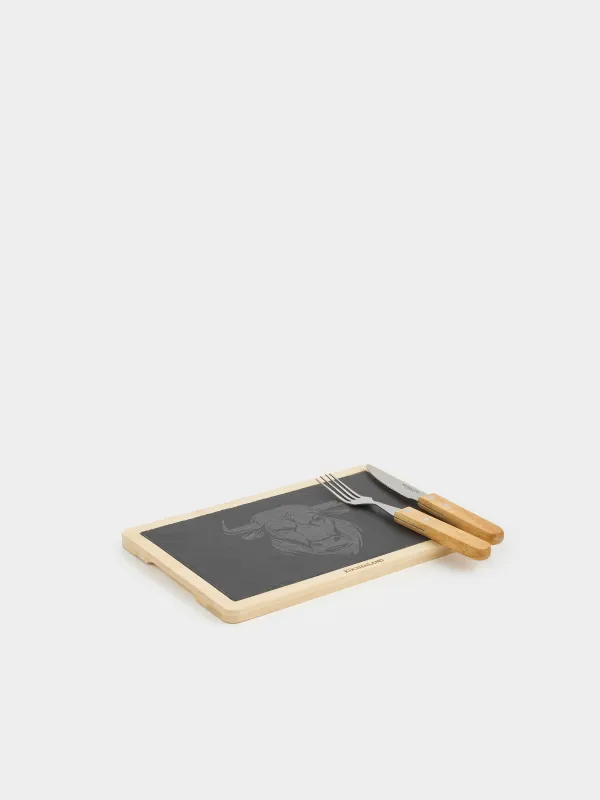 Стейк қызмет көрсету жинағы, 1 парсы, 3 пр, Болат / шифер/бамбук, бұқа, барбекю, image-3