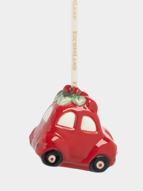 Игрушка елочная, 7 см, керамика, красная, Машина с венком, Figure christmas, image-1