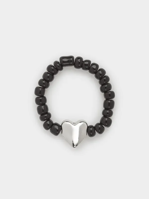 Сақина, size S-M, бірыңғай өлшем, шыны/металл, қара, Жүрек, Jewelry black, image-0