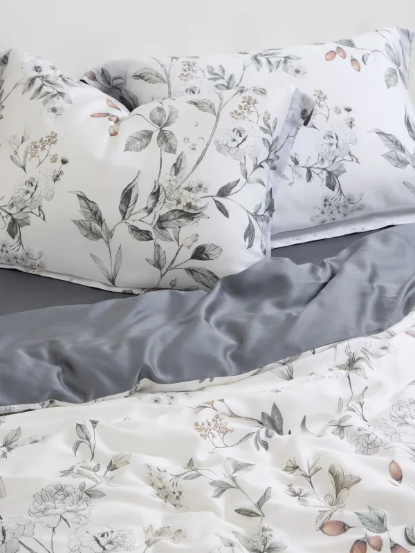 Төсек жиынтығы, еуро, тенсель 300 ТС, ақ және сұр, Гүлдер мен жидектер, Tencel, image-4