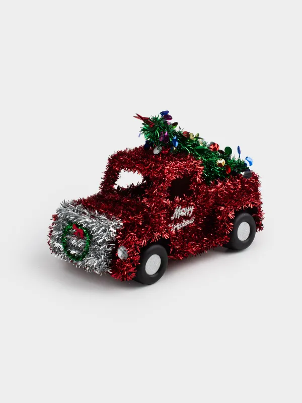 Статуэтка, 27 см, мишура/пластик, красная, Машина с елкой, Tinsel decor, image-2