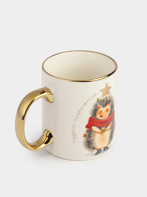 Саптыаяқ, 350 мл, фарфор N, ақ және алтын, Жұлдызы бар кірпі, Hedgehog christmas, image-1