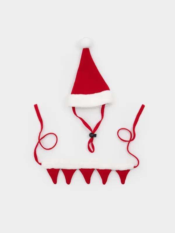 Жануарларға арналған карнавалдық жиынтық, 2 зат, жаға/қалпақ, полиэстер, қызыл, Аяз ата, Christmas pet, image-0