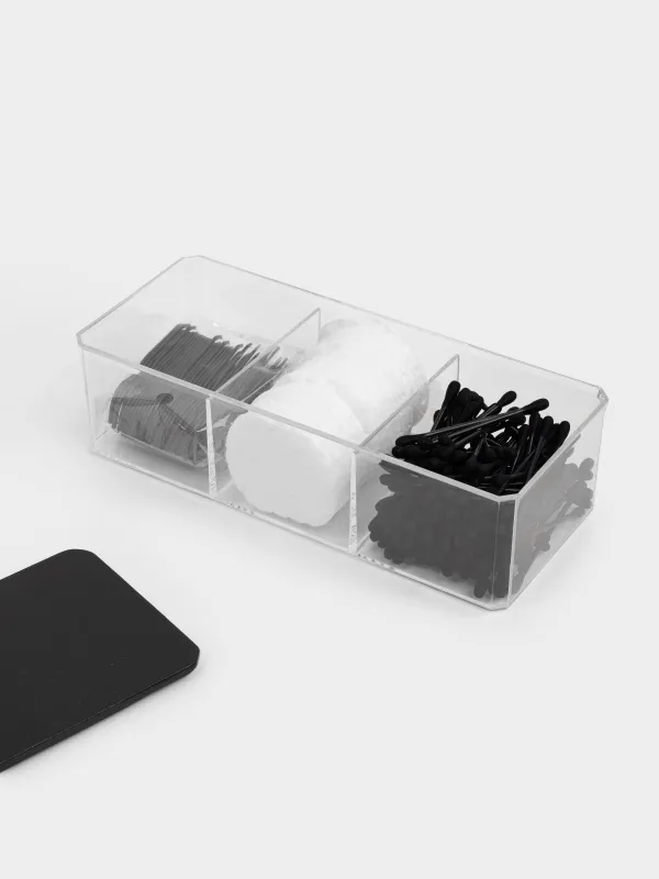 Контейнер с ватными дисками/палочками/зубными нитями, 23х8 см, 3 отд, пластик, Basic black, image-2