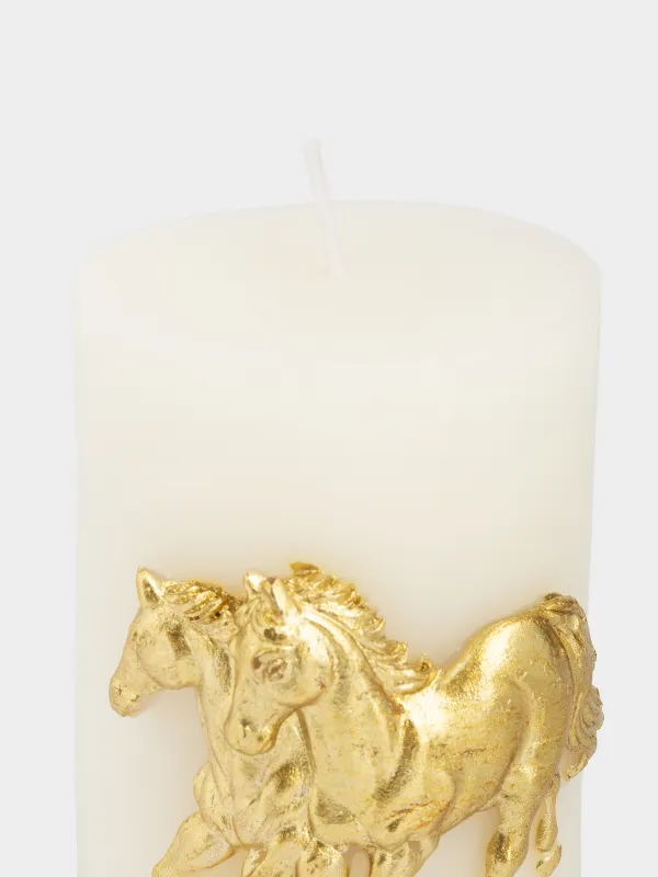 Свеча, 6х10 см, цилиндрическая, молочная, Золотистые лошади, Horse gold, image-2