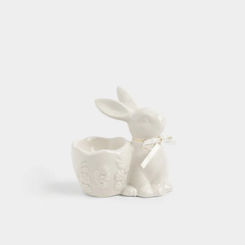 Подставка для яйца, 10 см, керамика D, молочная, Кролик с цветами, Rabbit pattern