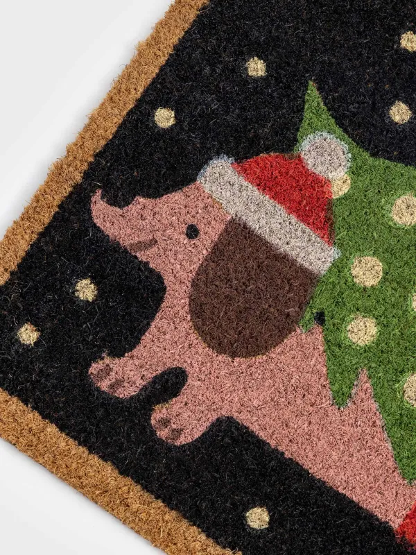 Есік алды кілемшесі, 40х60 см, кокос/ПВХ, тікбұрышты, көк, Шыршасы бар ит, Dog christmas, image-1