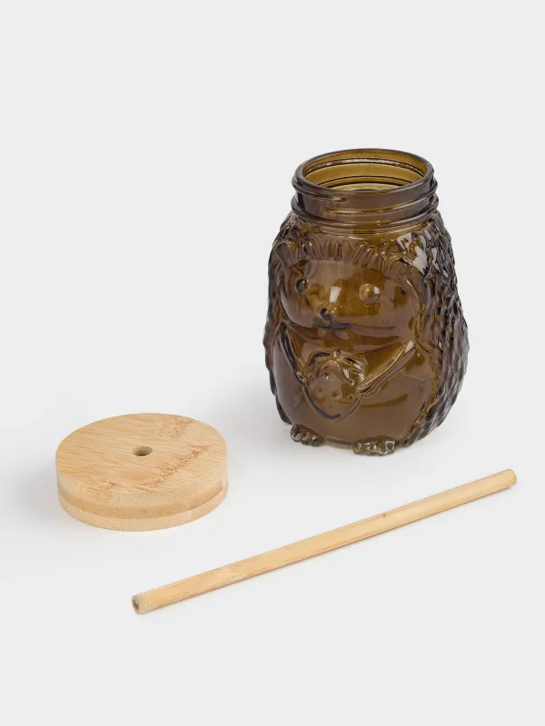 Банка для напитков, 550 мл, с крышкой и трубочкой, стекло, коричневая, Ежик, Forest animals, image-5