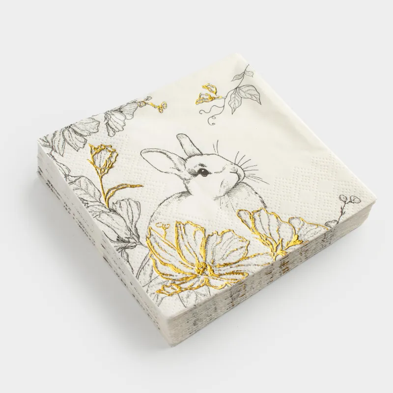 Қағаз майлықтар, 21х21 см, 20 дана, шаршы, ақ, Қоян және гүлдер, Peony gold, image-1