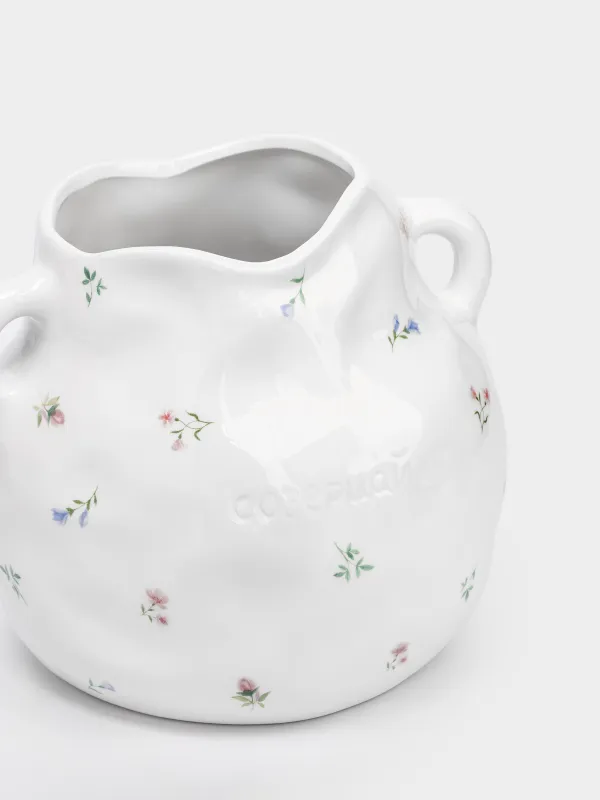 Ваза для цветов, 19 см, с ручками, керамика D, молочная, Нежные цветы, El flora, image-1