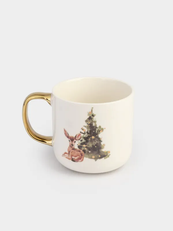 Кружка, 400 мл, фарфор N, бело-золотистая, Олененок и мишка у елки, Christmas friends, image-1