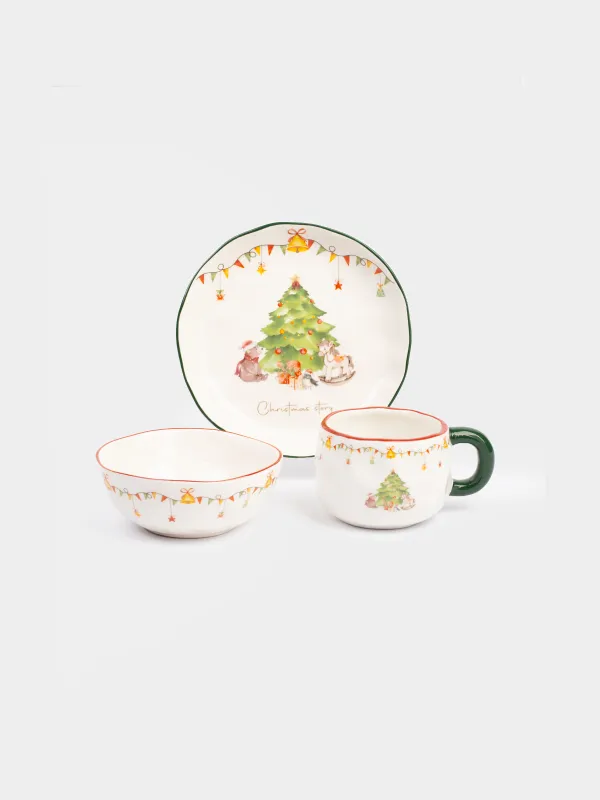 Ыдыс-аяқ жинағы, балаларға арналған, 1 адам, 3 зат, керамика, қызыл-жасыл, Шырша жанындағы аю, Christmas friends, image-0