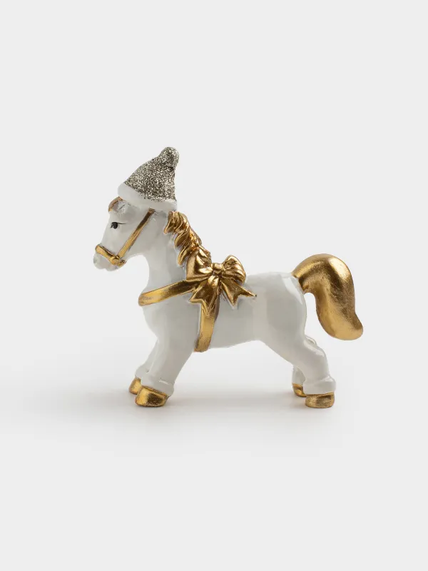 Мүсінше, 8 см, полирезин, сүт және алтын түстес түстес, Қалпақ киген жылқы, Horse christmas, image-0