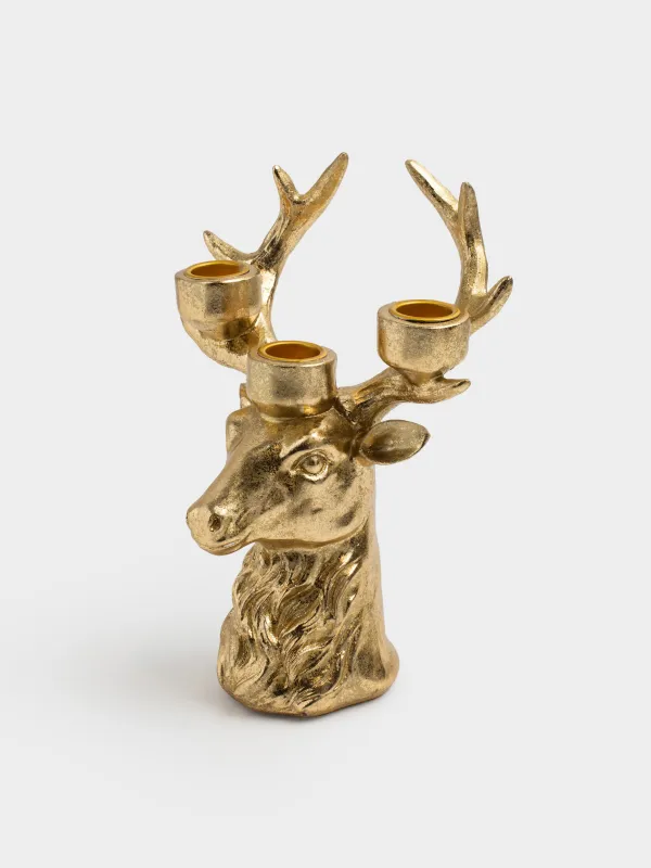 Подсвечник, 21 см, 3 тонкие свечи, полирезин, золотистый, Голова оленя, Deer gold, image-1