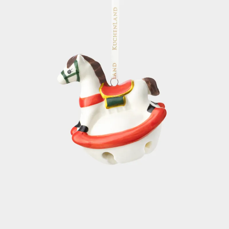 Игрушка елочная, 8 см, с колокольчиком, фарфор P/металл, бело-красная, Лошадка-качалка, Figure christmas
