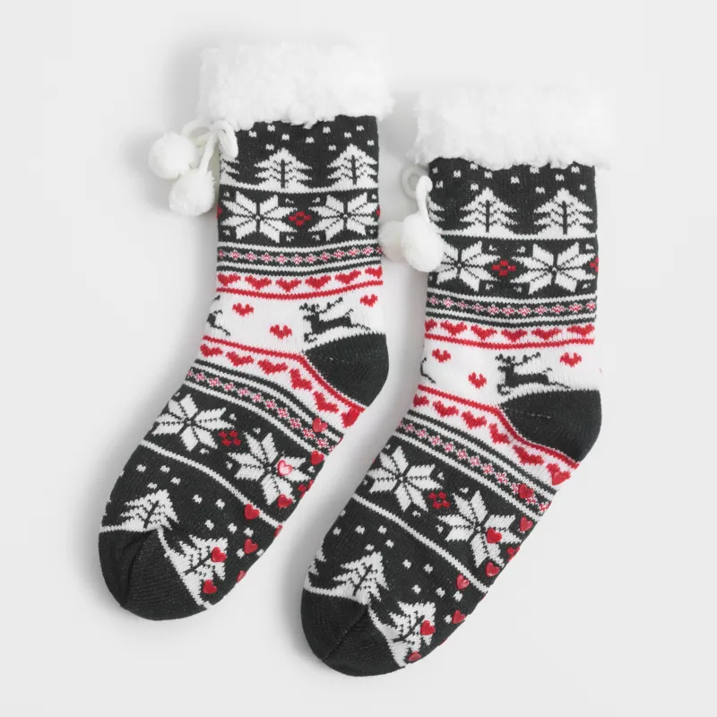 Әйелдер шұлықтары, үйге арналған, өлшемі 36-38, помпондары бар, акрил/шерпа, ақ және қызыл, Қысқы өрнек, Hot winter