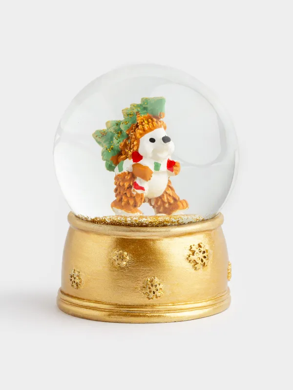 Снежный шар, 8 см, с подсветкой, стекло/полирезин, золотистый, Еж с елкой, Golden style, image-1