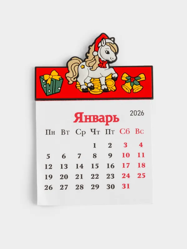 Күнтізбесі бар магнит, 9 см, резеңке/қағаз, қызыл, Пони, Horse christmas, image-0