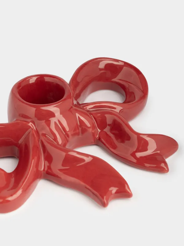 Шам ұстағыш, 13 см, жіңішке шамға арналған, керамика, қою қызыл, Бантик, Christmas traditions, image-3