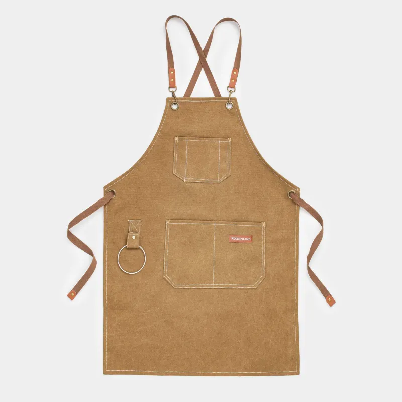 Алжапқыш, 58х78 см, қалталары бар, ұстағышы бар, брезент/жасанды былғары, қоңыр, BBQ, image-0