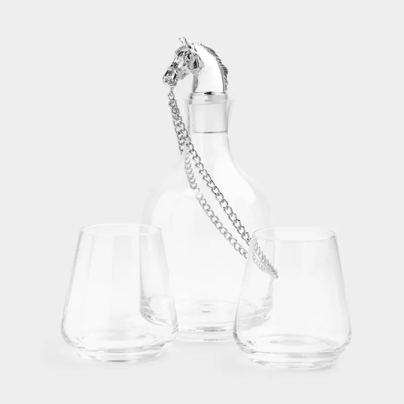 Вискиге арналған жиынтық, 2 адам, 3 зат, графин/стақандар, шыны, Күміс жылқы, Elegant horse