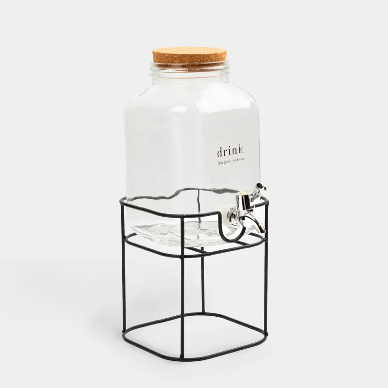 Сусындарға арналған диспенсер, 3л, тұғырда, шыны/тығын/металл, Clear font