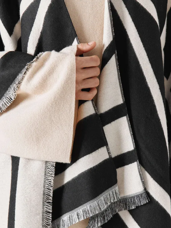 Пончо, 130х160 см, шашағы бар, екі жақты, вискоза/полиэстер, сүт түстес қара, Poncho, image-2