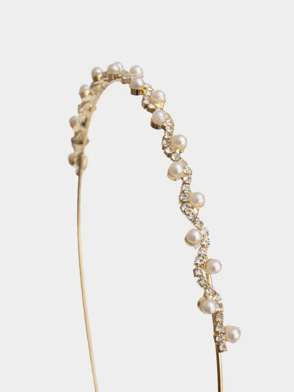 Ободок для волос, 12х14 см, стекло/металл, золотистый, Бусины с кристаллами, Hair crystal, image-1