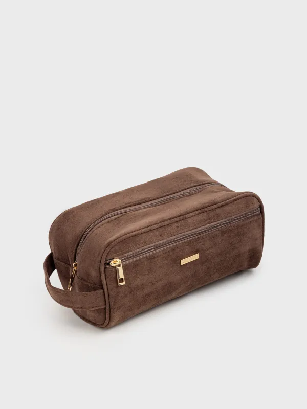 Косметичка, 27х13 см, с ручкой, искусственная замша, коричневая, Beauty suede, image-4