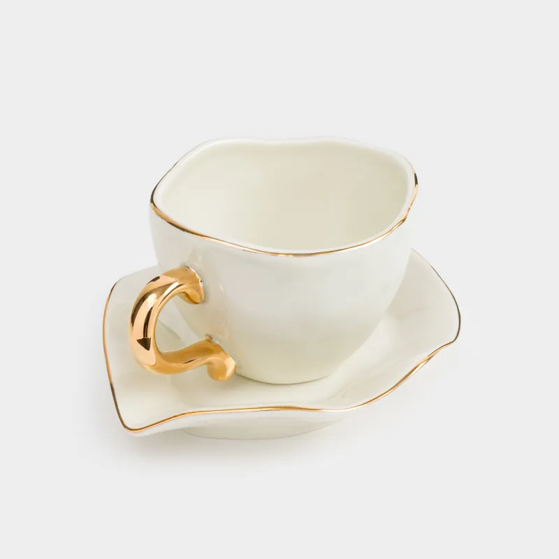 Шай жұбы, 1 адам, 2 зат, 280 мл, фарфор Р, алтын жиегі бар, Бұйра жиекті, Wavy gold, image-1