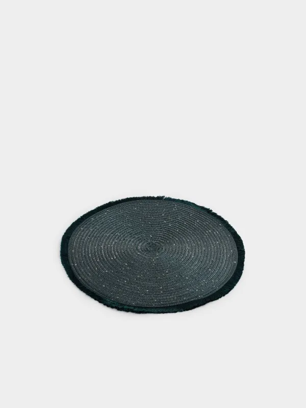 Салфетка под приборы, 38 см, с бахромой и пайетками, полиэстер, круглая, зеленая, Rotary shine, image-1