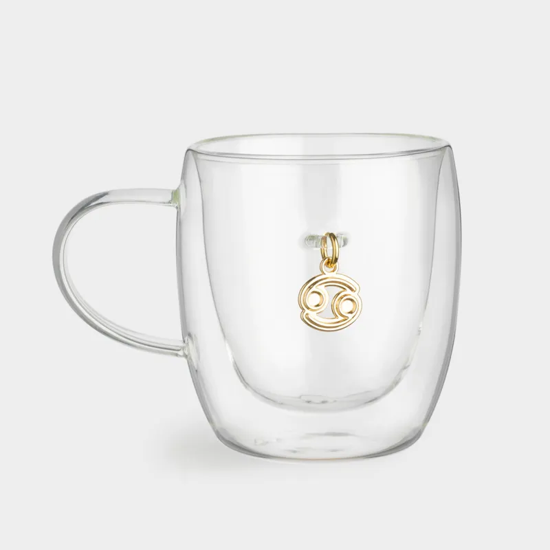 Кружка, 280 мл, стекло Б/металл, с золотистой подвеской, Рак, Air figure zodiac