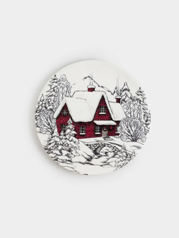 Подставка под кружку, 11 см, круглая, керамика/пробка, белая, Домик в лесу, Forest house, image-0