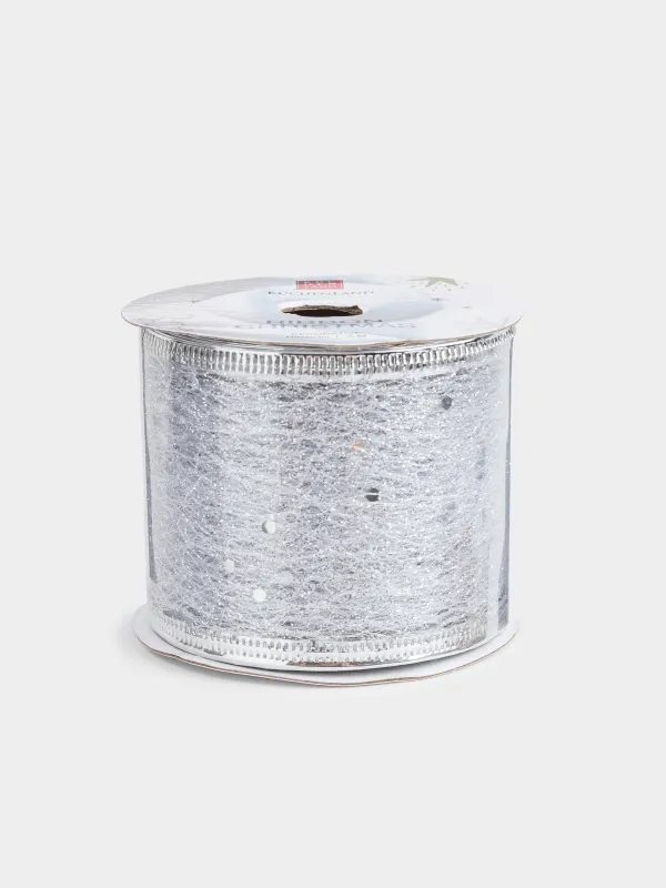 Сәндік таспа, 5 м, иілімді, полиэстер, күміс, Жылтыр өрмекші торы, Ribbon christmas, image-0