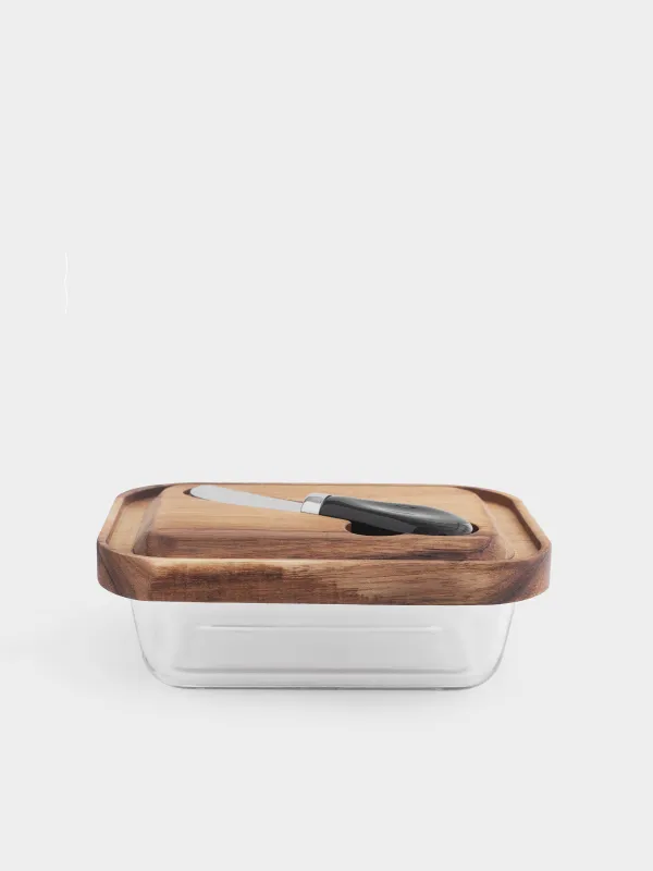 Сары май ыдысы, 18 см, пышақпен, ағаш/шыны/болат, тікбұрышты, Noble tree, image-1