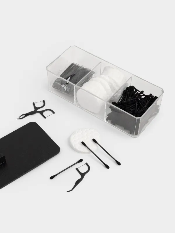 Мақта жастықшалары/таяқшалары/тіс жіптері бар контейнер, 23х8 см, 3 бөлік, пластик, Basic black, image-3