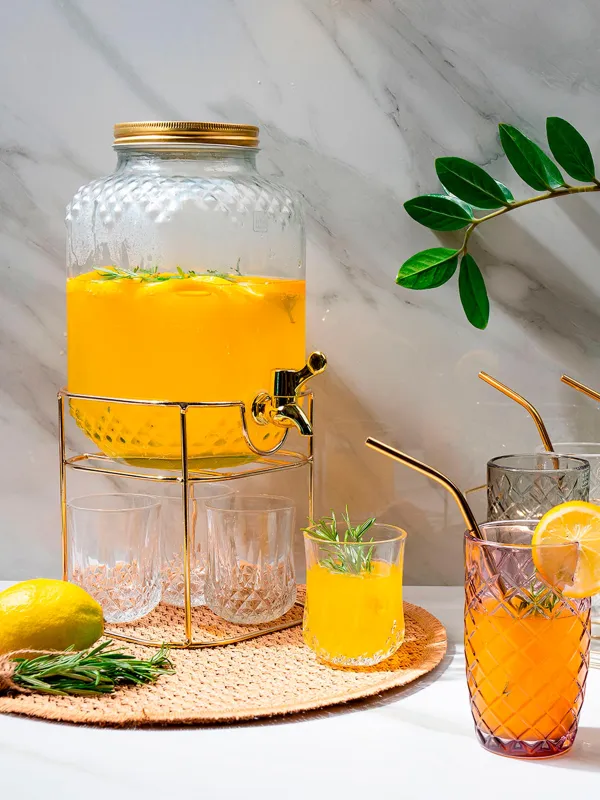 Сусын жинағы, 4 тұлға, 5 зат, стенд диспенсері, алтын, шыны/металл, Regale, image-12