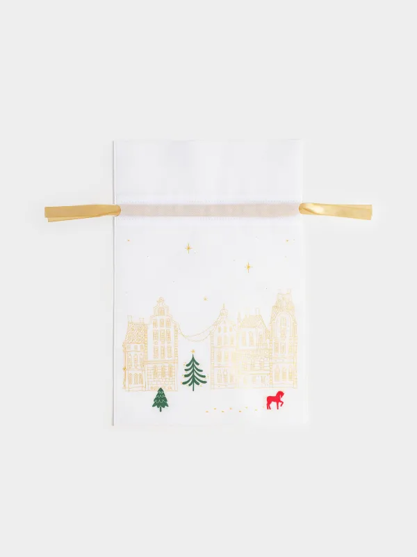 Сыйлық пакеті, 30х45 см, жіптері бар, полипропилен, ақ, Үйлер мен жылқы, Snow sparks, image-0