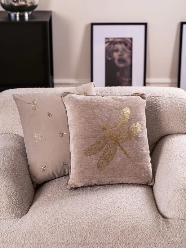 Подушка декоративная, 45х45 см, шенилл/вельвет, серо-бежевая, Стрекоза, Dragonfly, image-3