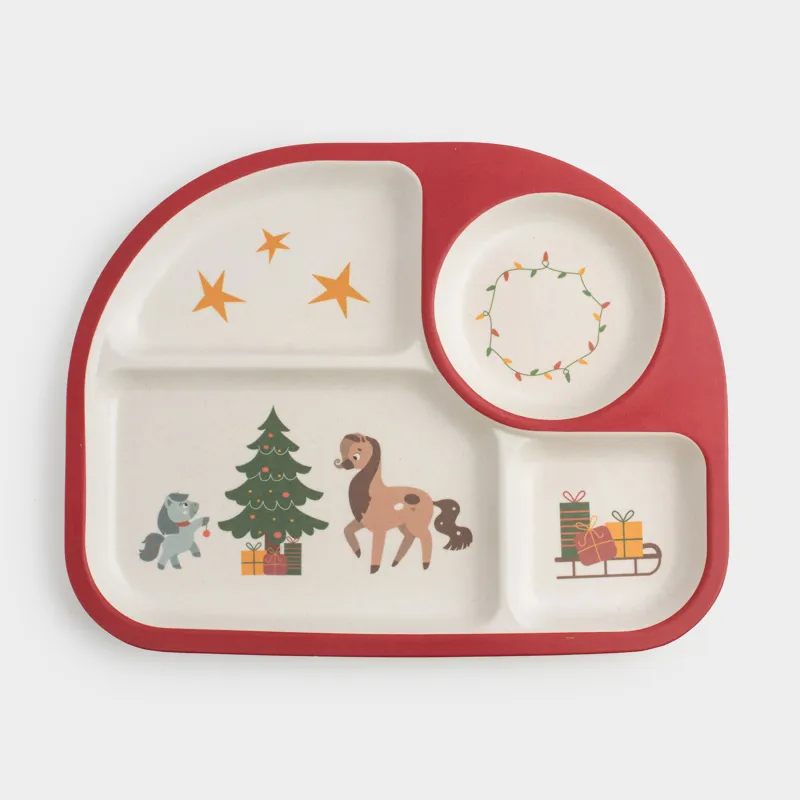 Түскі ас тәрелкесі, балаларға арналған, 27х21 см, 4 бөлім, бамбук, қызыл, Шыршасы бар жылқылар, Little horse