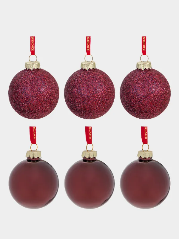 Шырша ойыншықтарының жиынтығы, 6 см, 6 дана, шыны, жылтырақтары бар, қою қызыл, Шар, Ball sparkle, image-0