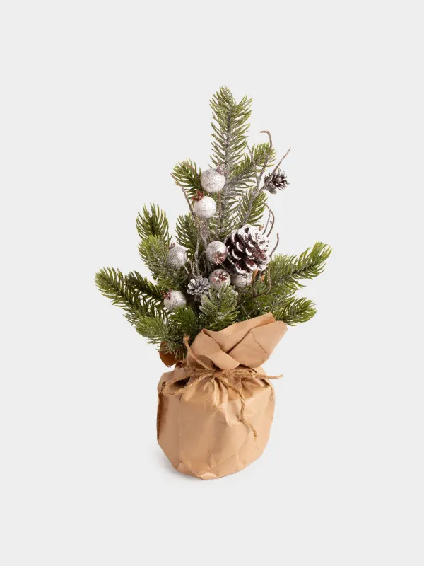 Сәндік композиция, 30 см, крафтта, пластик/пенопласт, Ақ жидектер мен шырша бүршіктері, White berry, image-1