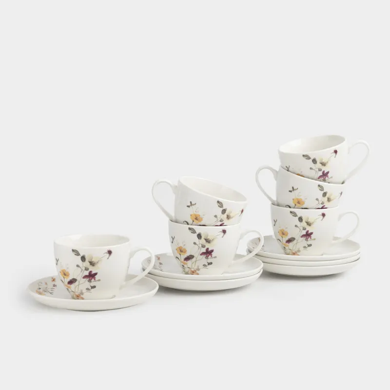 Шай жұбы, 6 адам, 12 зат, 220 мл, фарфор N, ақ, Сары гүлдер, Floweri